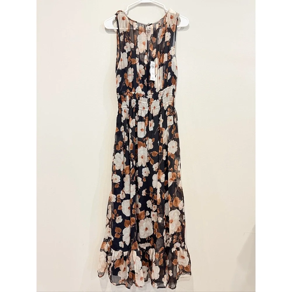 Abercrombie & Fitch Maxi Dress Women Small Tall‎ Black Floral Smocked Sleeveless